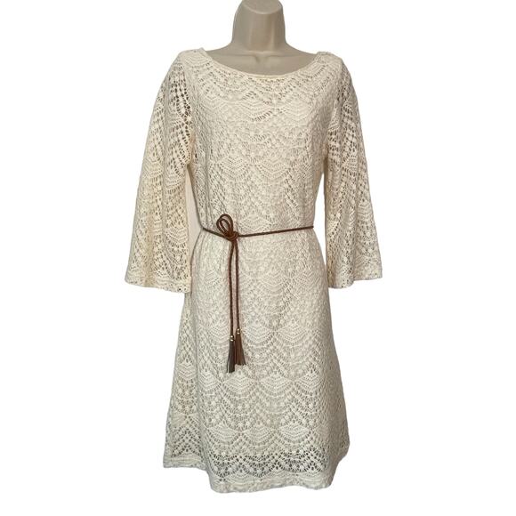 Lace Dress with Lasso Belt! Creamy Lace Short Dress, Lined, Sz 10 - Picture 1 of 7